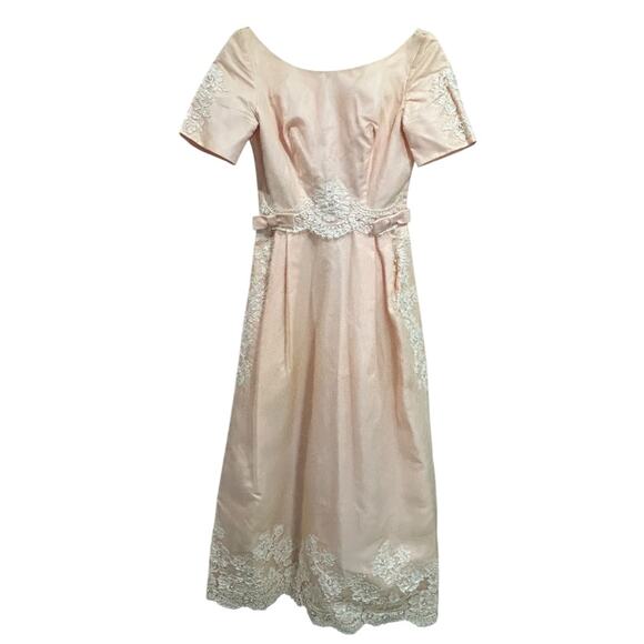 Vintage Handmade Dress Pink Lace Applique Formal 50s Tea Length - Picture 1 of 9